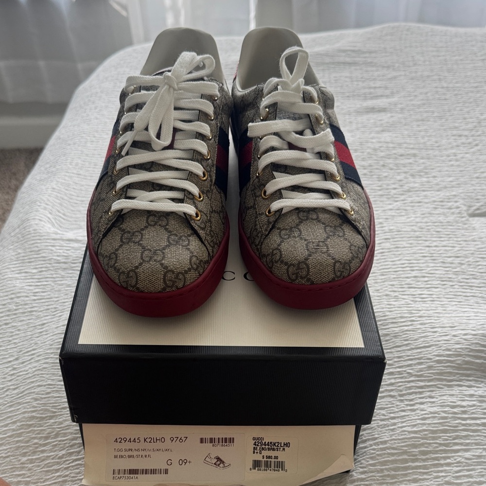 Gucci Brown Monogram Sneakers with Red & Blue Stripe